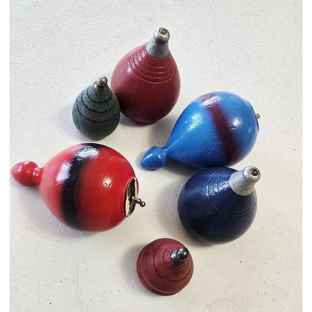 6 VTG Wooden Spinning Tops Original Paint Metal Tips - Patriotic Primitive Decor